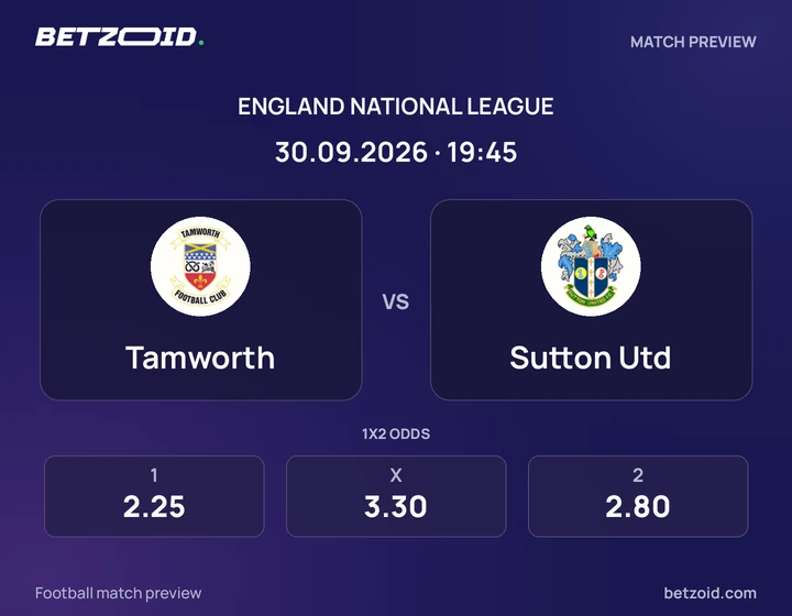 Tamworth - Sutton Utd Tamworth vs Sutton Utd: England National League match preview with team badges and kick-off details.