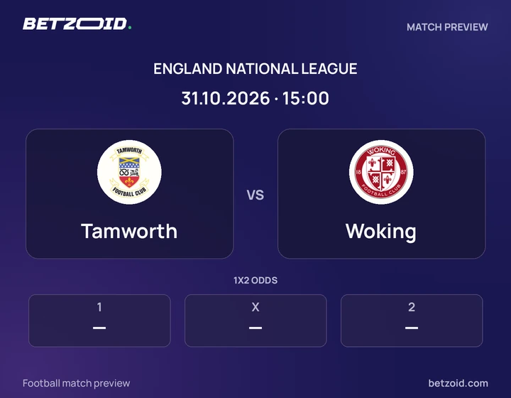 Tamworth vs Woking: England National League match preview with team badges and kick-off details.