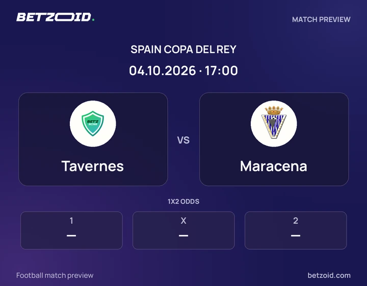Tavernes - Maracena Tavernes vs Maracena: Spain Copa del Rey match preview with team badges and kick-off details.
