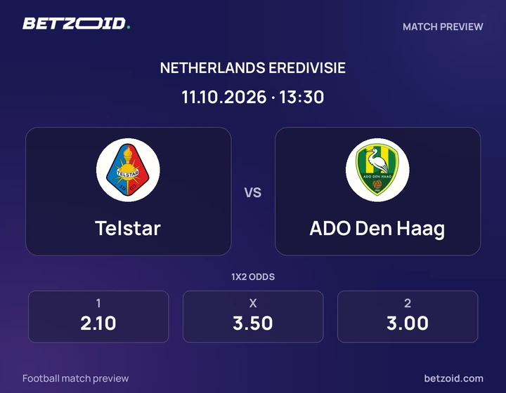 Telstar vs ADO Den Haag: Netherlands Eredivisie match preview with team badges and kick-off details.