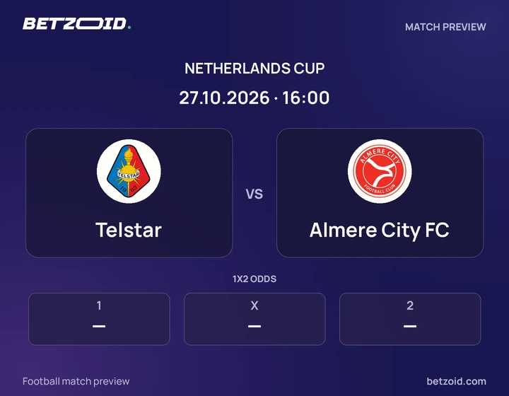 Telstar vs Almere City FC: Netherlands Cup match preview with team badges and kick-off details.