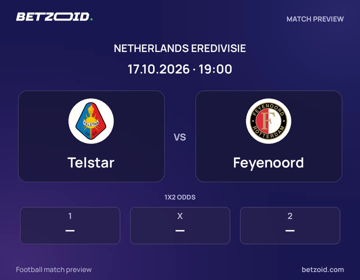 Telstar vs Feyenoord: Netherlands Eredivisie match preview with team badges and kick-off details.