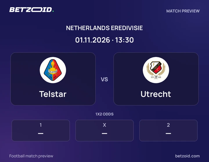 Telstar vs Utrecht: Netherlands Eredivisie match preview with team badges and kick-off details.