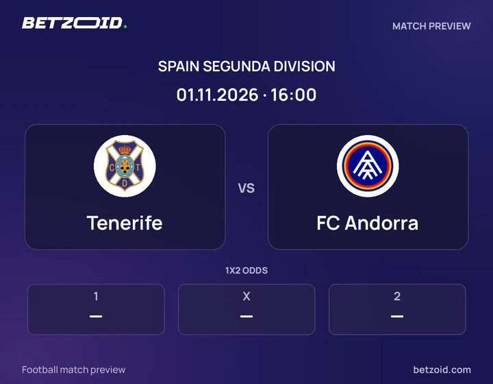 Tenerife vs FC Andorra: Spain Segunda Division match preview with team badges and kick-off details.