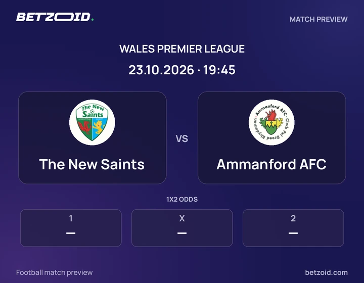 The New Saints vs Ammanford AFC: Wales Premier League match preview with team badges and kick-off details.