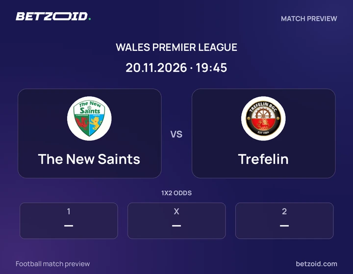 The New Saints vs Trefelin: Wales Premier League match preview with team badges and kick-off details.