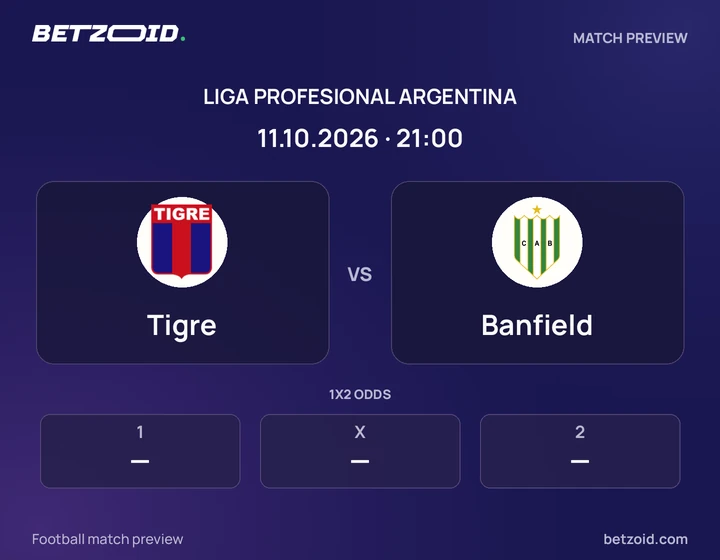Tigre vs Banfield: Liga Profesional Argentina match preview with team badges and kick-off details.