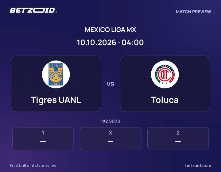 Tigres UANL vs Toluca: Mexico Liga MX match preview with team badges and kick-off details.