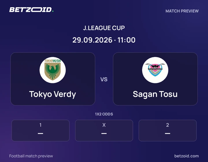 Tokyo Verdy vs Sagan Tosu: J.League Cup match preview with team badges and kick-off details.
