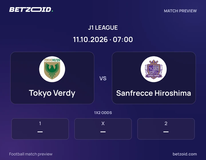 Tokyo Verdy vs Sanfrecce Hiroshima: J1 League match preview with team badges and kick-off details.