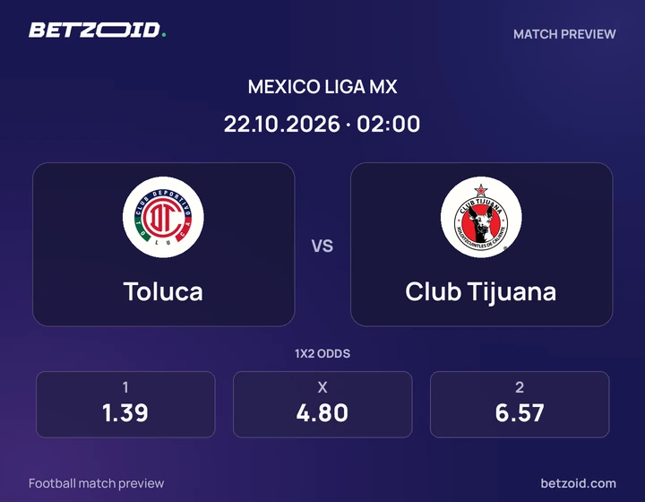 Toluca vs. Club Tijuana Toluca vs. Club Tijuana: previa del partido de Liga MX, con escudos y datos del encuentro.