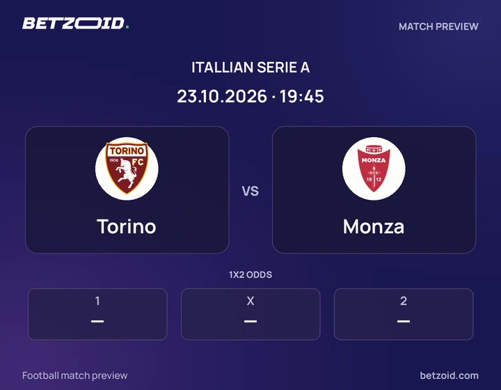 Torino vs Monza: Itallian Serie A match preview with team badges and kick-off details.