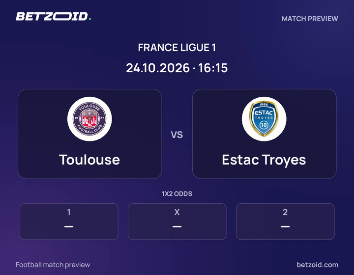 Toulouse vs Estac Troyes: France Ligue 1 match preview with team badges and kick-off details.
