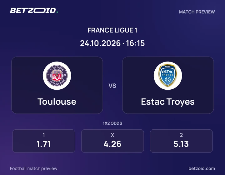Toulouse – ESTAC Troyes Toulouse – ESTAC Troyes : présentation du match de Ligue 1 avec les logos des équipes et l’horaire du coup d’envoi.