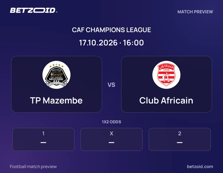 TP Mazembe vs Club Africain: CAF Champions League match preview with team badges and kick-off details.
