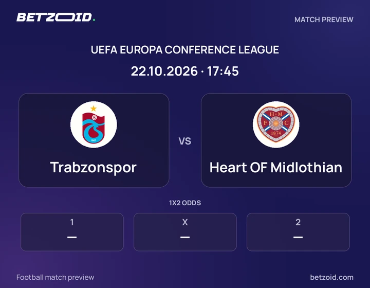 Trabzonspor vs Heart OF Midlothian: UEFA Europa Conference League match preview with team badges and kick-off details.