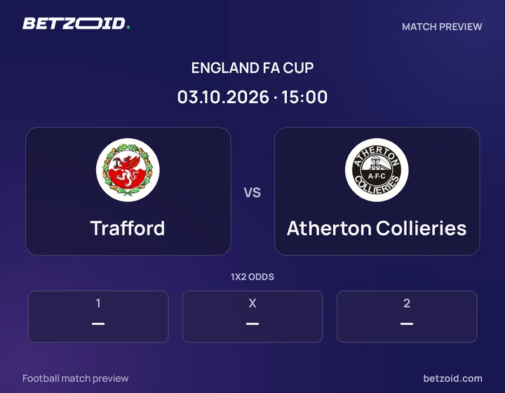 Trafford - Atherton Collieries Trafford vs Atherton Collieries: England FA Cup match preview with team badges and kick-off details.