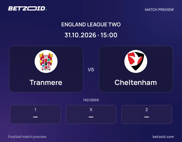 Tranmere vs Cheltenham: England League Two match preview with team badges and kick-off details.