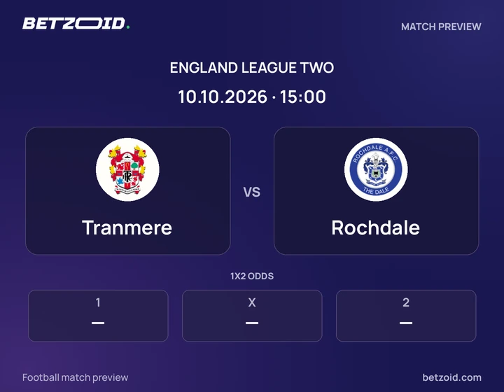 Tranmere vs Rochdale: England League Two match preview with team badges and kick-off details.
