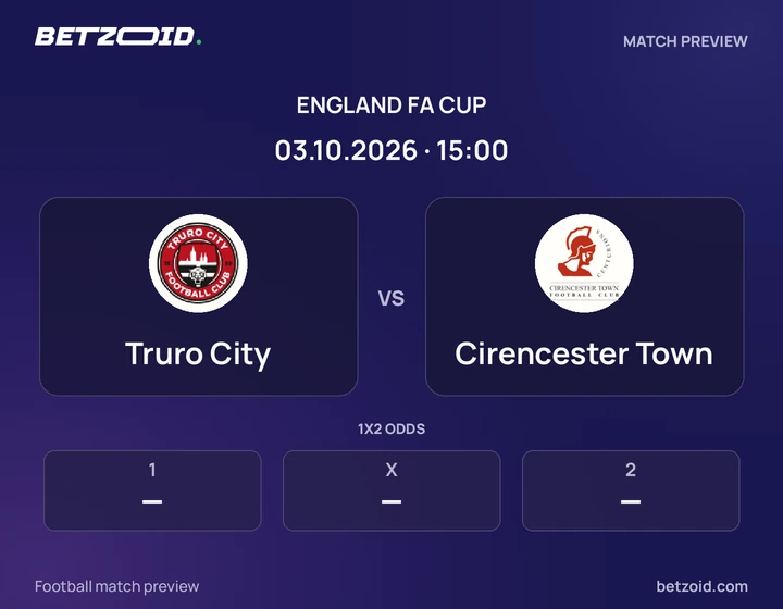 Truro City vs Cirencester Town: England FA Cup match preview with team badges and kick-off details.