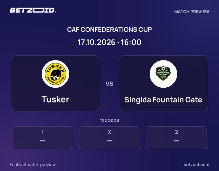 Tusker - Singida Fountain Gate Tusker vs Singida Fountain Gate: CAF Confederations Cup match preview with team badges and kick-off details.