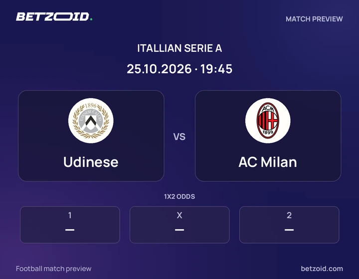 Udinese - AC Milan Udinese vs AC Milan: Itallian Serie A match preview with team badges and kick-off details.