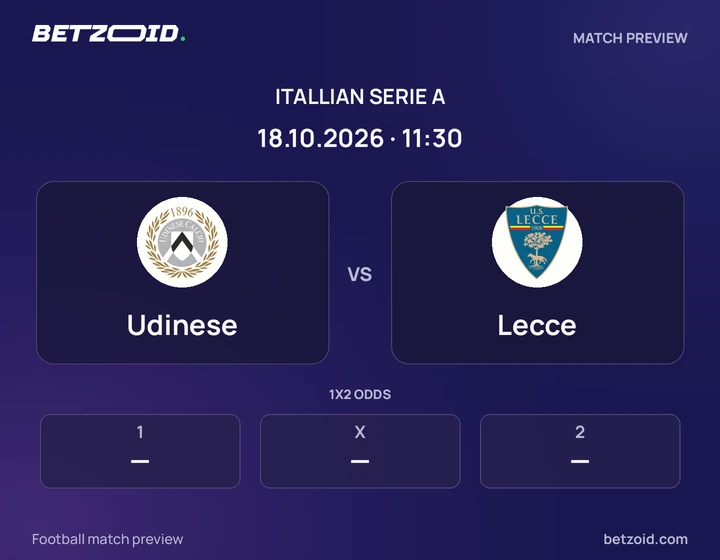 Udinese vs Lecce: Itallian Serie A match preview with team badges and kick-off details.