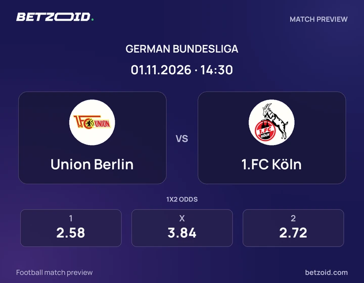 Union Berlin – 1.FC Köln: Spielvorschau zum Wettbewerb Bundesliga mit Teamlogos und Anstoßzeit.