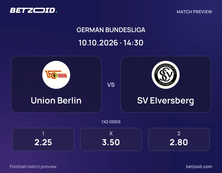 Union Berlin vs SV Elversberg: German Bundesliga match preview with team badges and kick-off details.