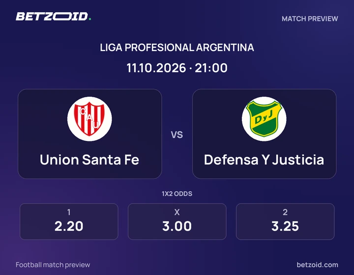 Union Santa Fe vs Defensa Y Justicia: Liga Profesional Argentina match preview with team badges and kick-off details.