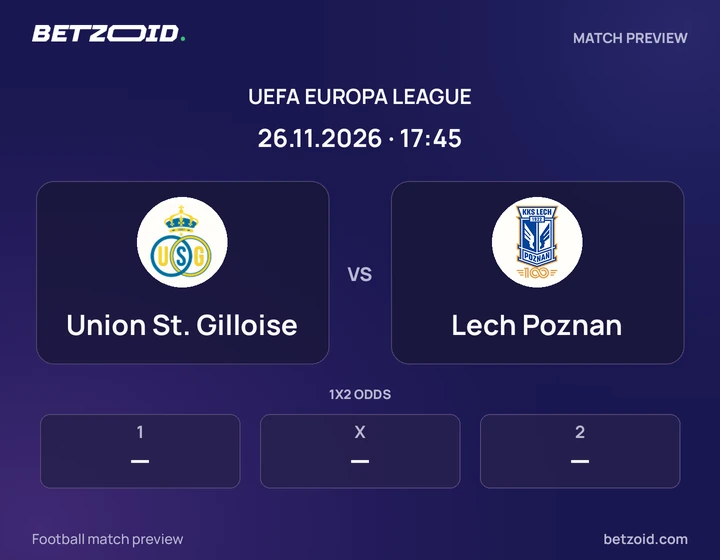 Union St. Gilloise vs Lech Poznan: UEFA Europa League match preview with team badges and kick-off details.