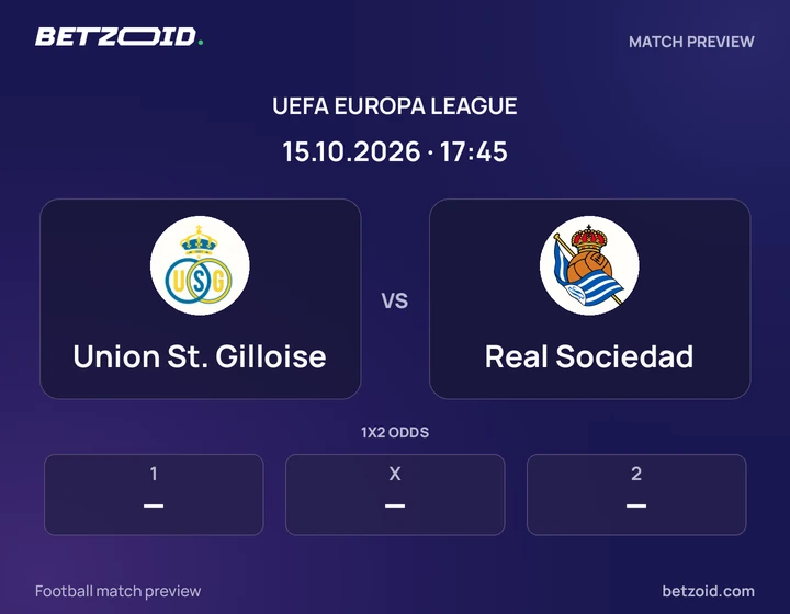 Union St. Gilloise vs Real Sociedad: UEFA Europa League match preview with team badges and kick-off details.