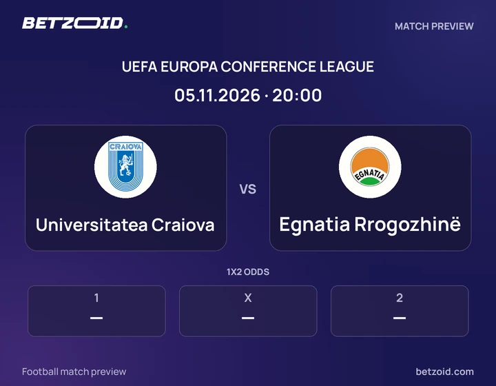 Universitatea Craiova vs Egnatia Rrogozhinë: UEFA Europa Conference League match preview with team badges and kick-off details.