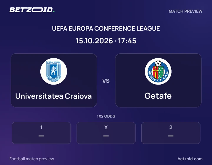Universitatea Craiova vs Getafe: UEFA Europa Conference League match preview with team badges and kick-off details.