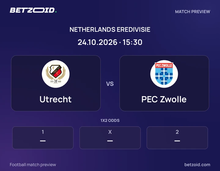Utrecht vs PEC Zwolle: Netherlands Eredivisie match preview with team badges and kick-off details.