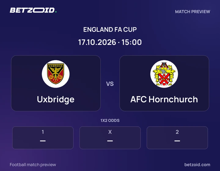 Uxbridge vs AFC Hornchurch: England FA Cup match preview with team badges and kick-off details.