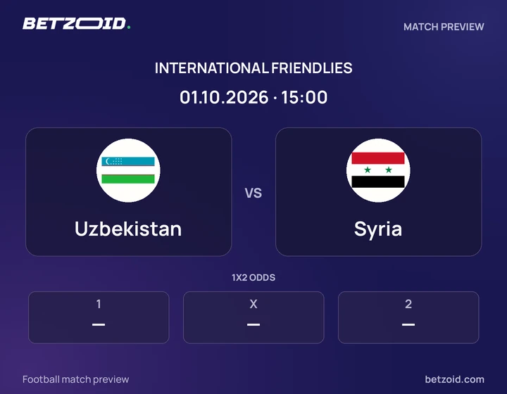 Uzbekistan - Syria Uzbekistan vs Syria: International Friendlies match preview with team badges and kick-off details.