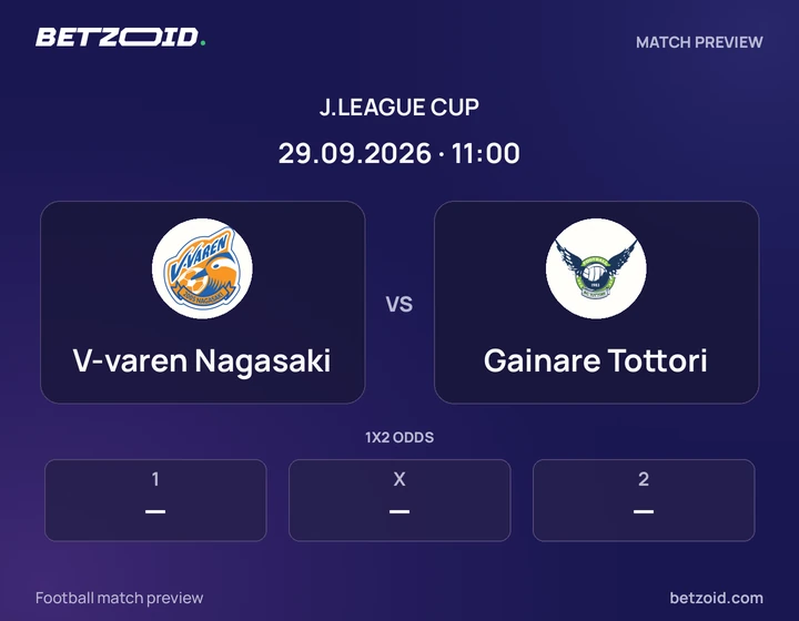 V-varen Nagasaki vs Gainare Tottori: J.League Cup match preview with team badges and kick-off details.