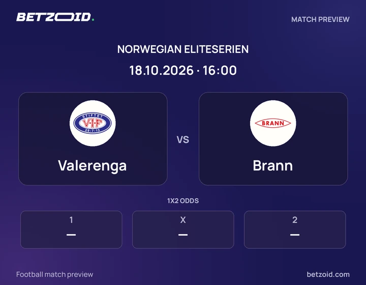 Valerenga vs Brann: Norwegian Eliteserien match preview with team badges and kick-off details.