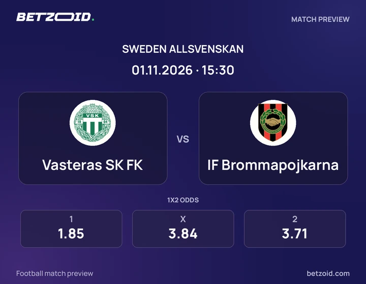 Vasteras SK FK - IF Brommapojkarna Vasteras SK FK vs IF Brommapojkarna: Sweden Allsvenskan match preview with team badges and kick-off details.