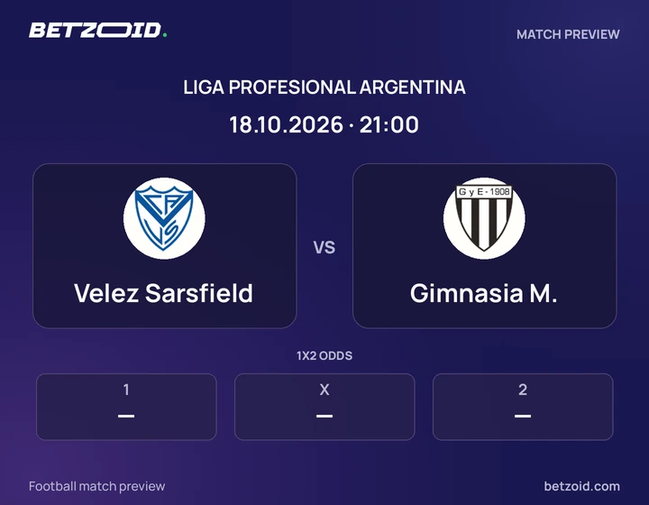 Velez Sarsfield vs Gimnasia M.: Liga Profesional Argentina match preview with team badges and kick-off details.