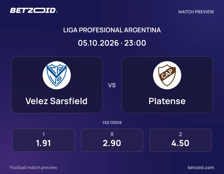 Velez Sarsfield vs Platense: Liga Profesional Argentina match preview with team badges and kick-off details.