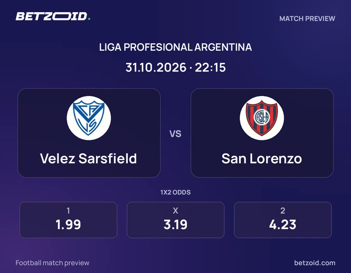 Velez Sarsfield - San Lorenzo Velez Sarsfield vs San Lorenzo: Liga Profesional Argentina match preview with team badges and kick-off details.
