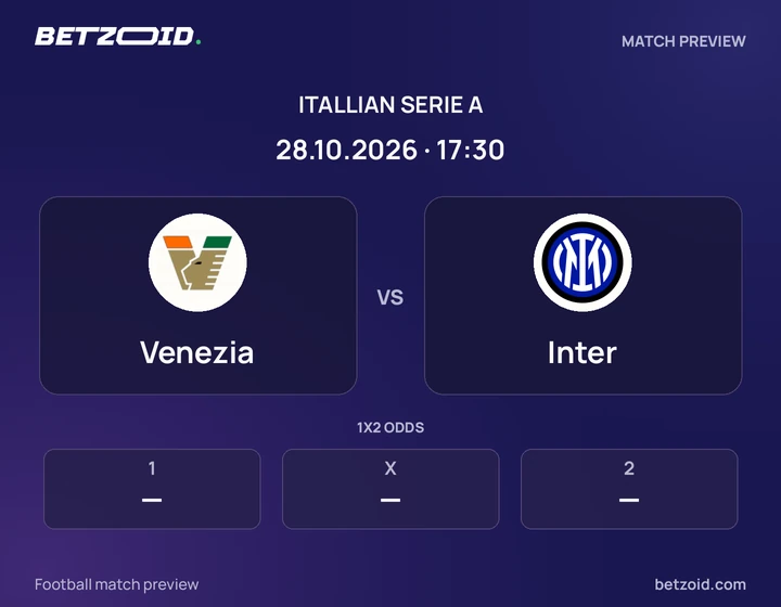 Venezia vs Inter: Itallian Serie A match preview with team badges and kick-off details.