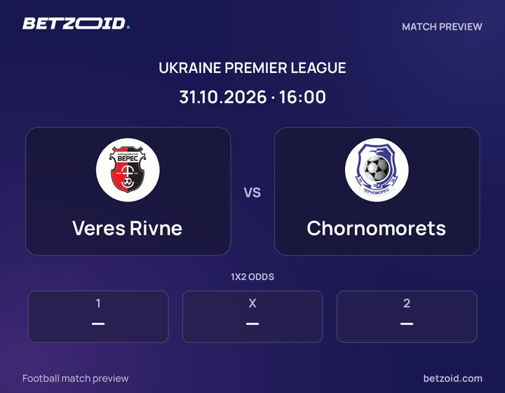 Veres Rivne vs Chornomorets: Ukraine Premier League match preview with team badges and kick-off details.