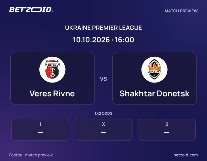 Veres Rivne - Shakhtar Donetsk Veres Rivne vs Shakhtar Donetsk: Ukraine Premier League match preview with team badges and kick-off details.