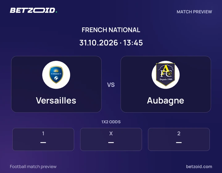 Versailles vs Aubagne: French National match preview with team badges and kick-off details.