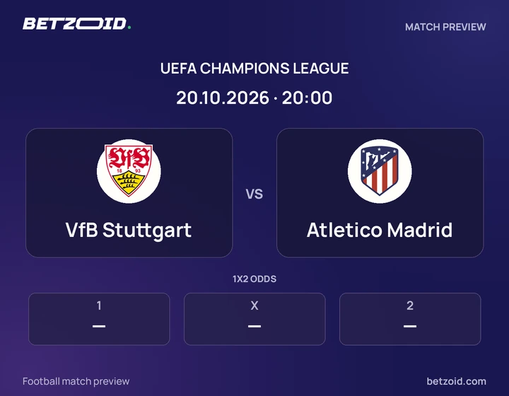 VfB Stuttgart vs Atletico Madrid: UEFA Champions League match preview with team badges and kick-off details.