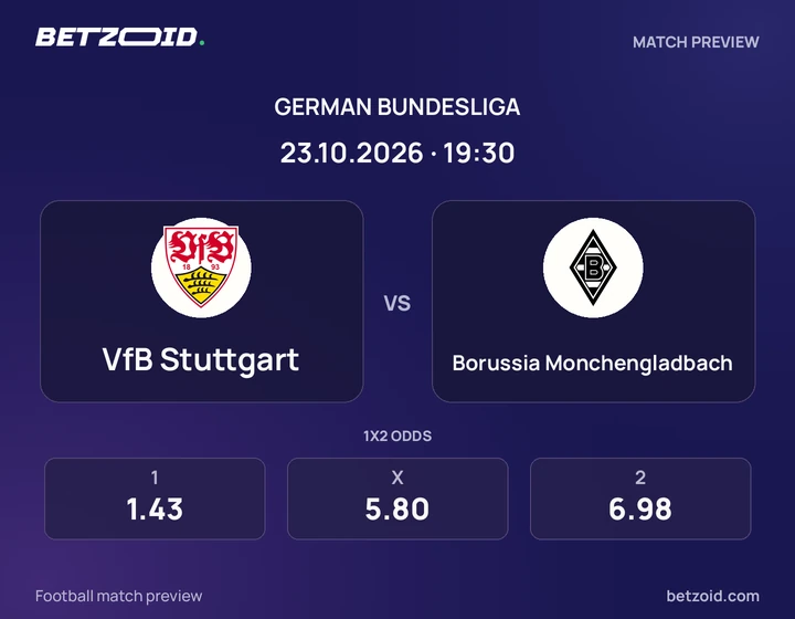 VfB Stuttgart – Borussia Monchengladbach VfB Stuttgart – Borussia Monchengladbach: Spielvorschau zum Wettbewerb Bundesliga mit Teamlogos und Anstoßzeit.