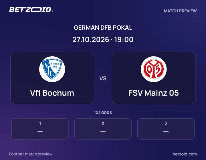 Vfl Bochum vs FSV Mainz 05: German DFB Pokal match preview with team badges and kick-off details.